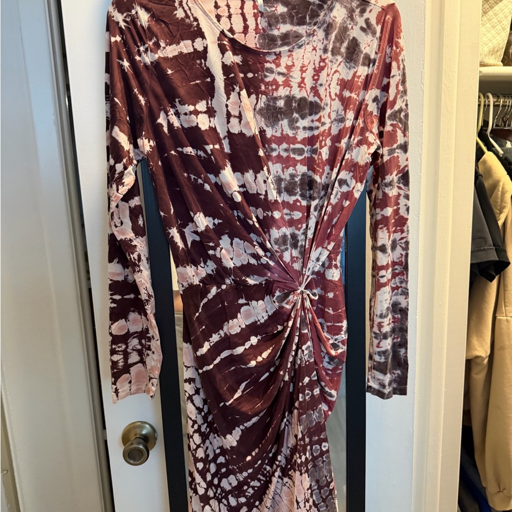 Tie-Dye Knot Front Long Sleeve Dress - Burgundy & Cream